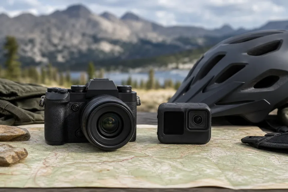 Editorial illustration of mirrorless and action-style cameras outdoors