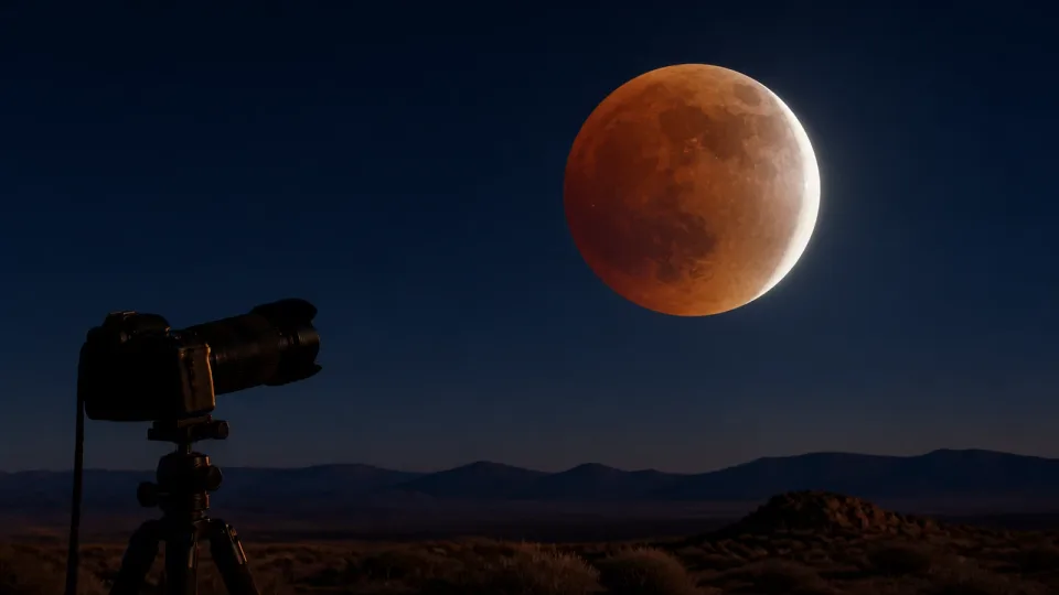 A deep partial lunar eclipse above a camera with a telephoto lens on a tripod in the American desert