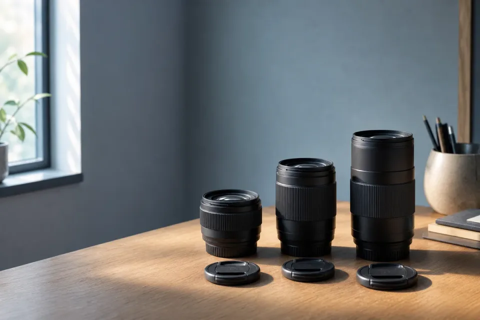 Three generic lenses of different lengths arranged on a worktable