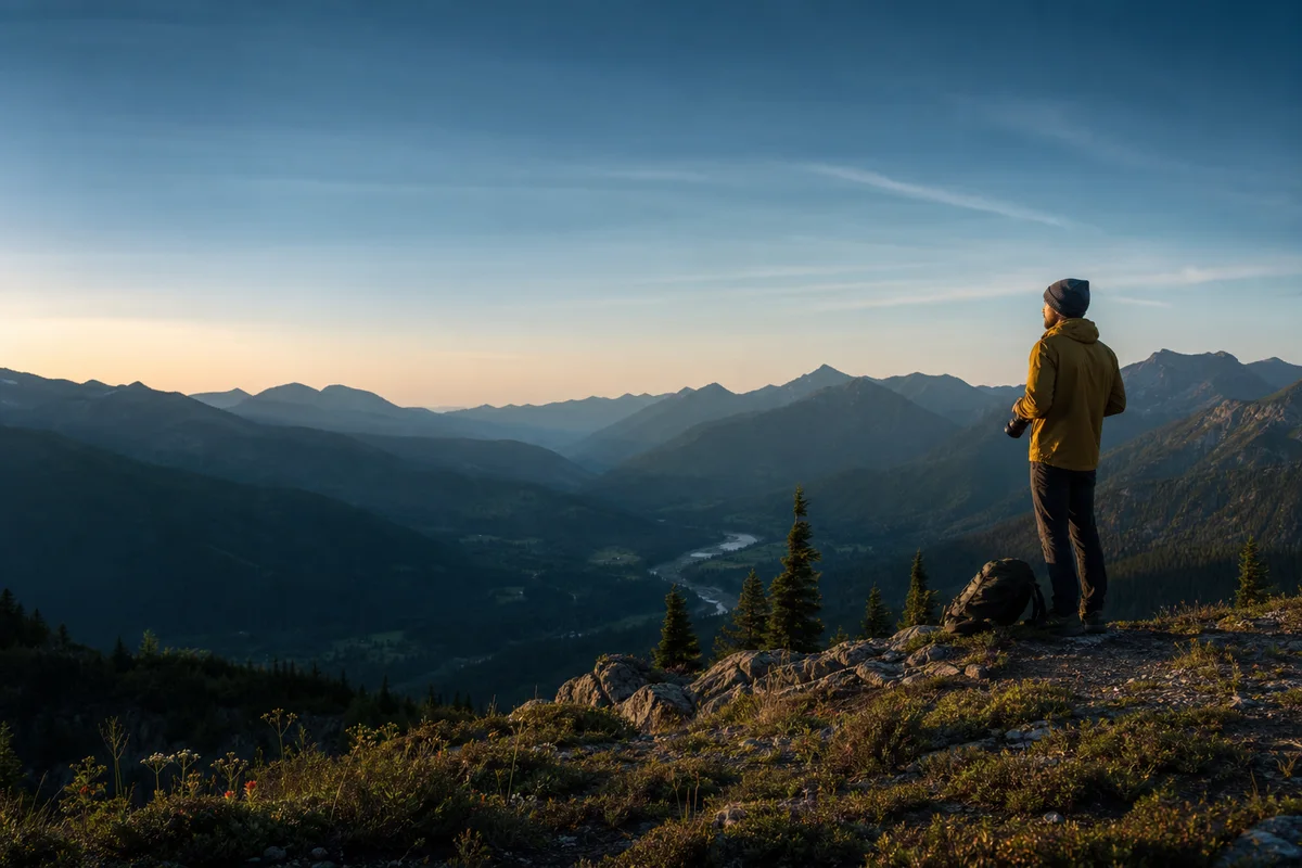 Traveler observing a broad mountain valley with a camera at rest